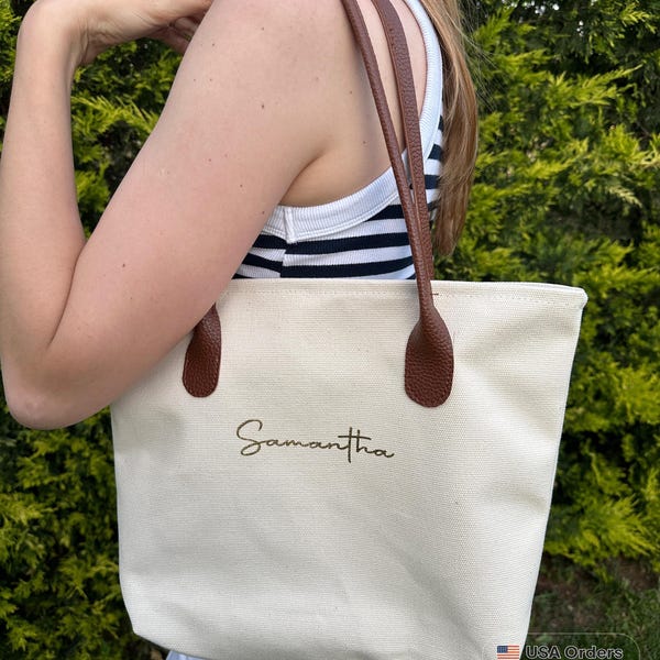 Personalized Canvas Tote Bag – Vegan Leather Handles, Bridesmaid Favor
