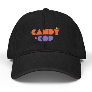 Embroidered Denim Candy Cop Hat, Front & Back for