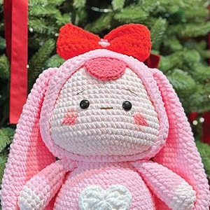 Bunny Amigurumi Häkelanleitung PDF, süßes rosa Kaninchen mit Herz, DIY Kawaii Valentine Plüschtier Anleitung
