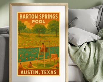Austin Texas Reiseposter - Barton Springs Pool Retro Poster (Digitaler Download JPGs)