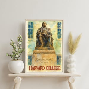 Harvard University Watercolor Poster, Hand-Drawn John Harvard Statue Wall Art, Historic College Campus Print, Graduation Gift or Dorm Decor
