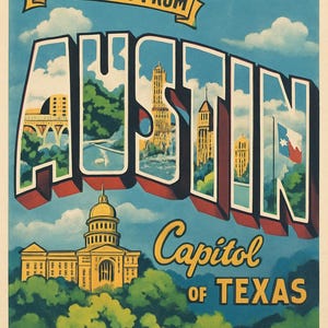 Grüße von Austin Reiseplakat, Austin Wandkunst, Reisepostkarte, Geschenk für Texaner, Retro-Reisedesign, druckbare Becher Design Texas Geschenk