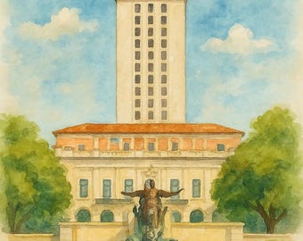 Stampa artistica ad acquerello della UT Tower: punto di riferimento di Austin, Texas (file JPG scaricabili)