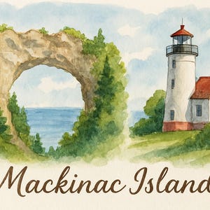 Impression de voyage Mackinac Island Michigan, Arch Rock et phare, art mural Michigan, cartes postales, affiche, cadeau aquarelle dessiné à la main