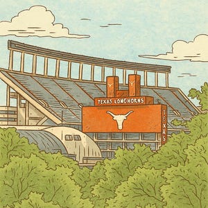 May include: Illustration of a stadium with the text "AUSTIN" in orange at the top. The words "TEXAS LONGHORNS" are at the bottom. The stadium has a sign with the Texas Longhorns logo.