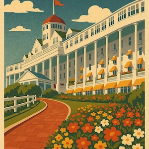 Impression rétro du Grand Hotel Mackinac Island, art numérique de style vintage, affiche de voyage du Michigan, téléchargement de carte postale, cadeau de Mackinac Island Michigan