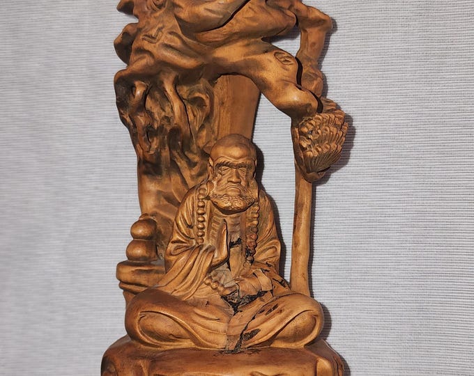 Boxwood Wood Carved Arhat Damo Bodhidharma Dharma Buddha Tree Statue