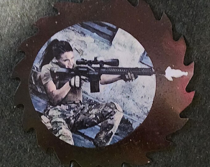 Woman in Camouflage Shooting a Gun Decorative Saw Blade Wall Art