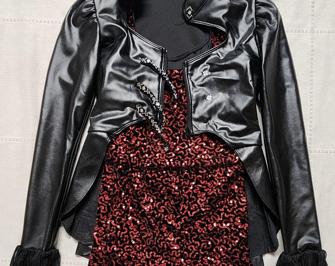 Tenth House Black Faux Leather Jacket and Red Sequin Unitard Dance Costume MC