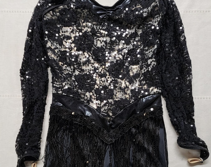 Weissman Showtime Walk Right In Black Sequin Lace with Fringe Biketard Dance Costume Size LC