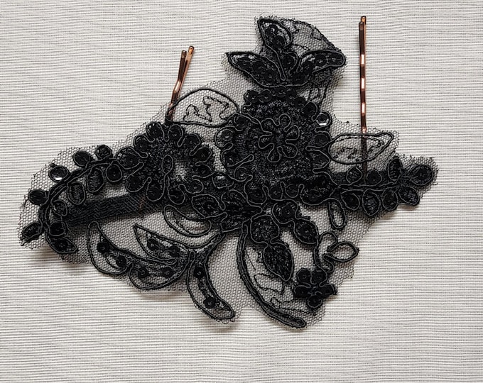 Tenth House Black Beaded Floral Lace Applique for Dance Costume