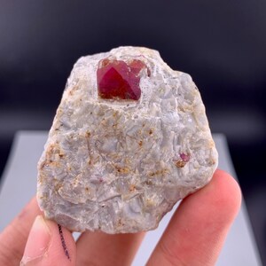 Peut inclure: Un spécimen minéral brut présentant un cristal de rubis rouge profond proéminent incrusté dans une pierre matricielle texturée gris clair et blanc. La surface rocheuse rugueuse affiche des facettes cristallines et des éclats rouges.