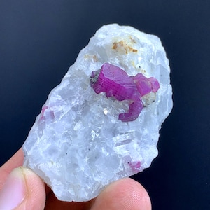 May include: A raw, uncut gemstone specimen featuring a cluster of vibrant, deep pink ruby crystals embedded in a matrix of white quartz. The ruby crystals have a crystalline structure, and the quartz has a rough, textured surface.