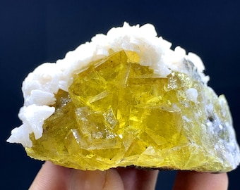 Yellow Fluorite Crystal With Calcite From Spain - 137 Gram