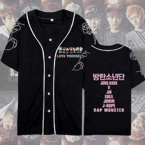 K-Pop Inspired Baseball Jersey: Cartoon Characters & Pink Lettering
