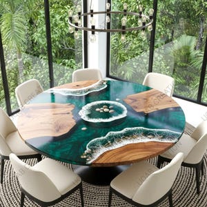 Round Green Epoxy Resin Wooden Dining Table – with White Ocean Waves Design