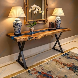 Live Edge Slim Narrow Console Table: Blue Metallic Handmade Resin Hallway Decor