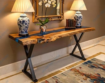 Live Edge Slim Narrow Console Table: Blue Metallic Handmade Resin Hallway Decor
