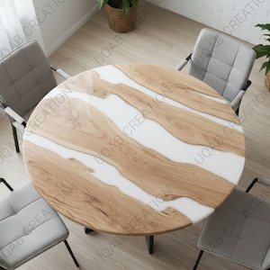 Mesa de comedor redonda de lujo de resina epoxi blanca y madera natural: decoración artesanal para el hogar.