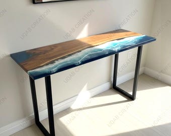 Handcrafted Custom Made Wooden Epoxy Console Table: Blue Ocean Waves Resin Hallway Decor