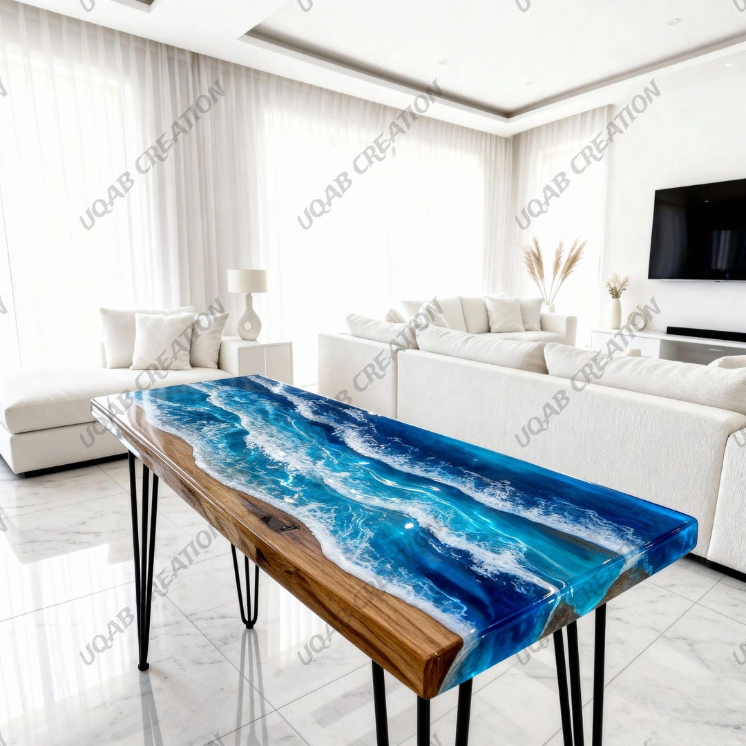 Handcrafted Wooden & Blue Epoxy Ocean Waves Console Table | Coastal ...
