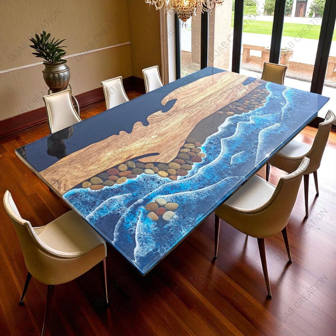 Handmade Ocean Waves-inspired Dining Table in Blue & Black Resin and ...