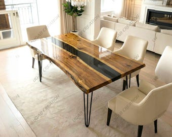 Live Edge Acacia Wood & Black Epoxy Resin Table – Handmade Modern Home Decor