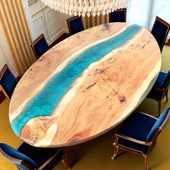 Handcrafted Green Metallic Oval Epoxy Table – Light Wood Elegance