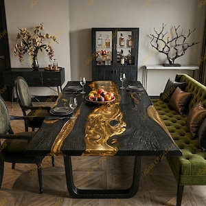 Handcrafted Live Edge Burned Charcoal Wood Dining Table with Gold Epoxy | Luxury Resin Table