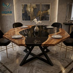 May include: A dining table featuring a live-edge wood border with a natural grain pattern surrounding a smooth, black, hexagonal-shaped centre inlay. The table is supported by a black metal X-frame base and is set with white plates and glasses.