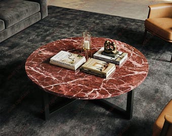 Handcrafted Rosso Levanto Marble Coffee Table Round Luxury Stone Table Modern Living Room Furniture