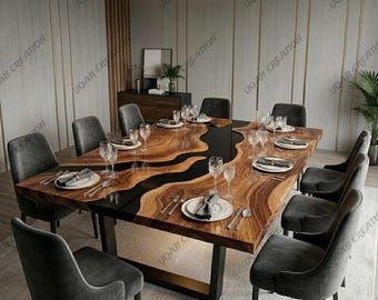 Handgemaakte zwarte epoxyhars eettafel massief houten handgemaakte luxe moderne rustieke meubels