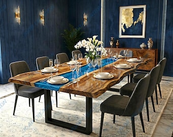 Mesa de comedor artesanal de madera con borde natural y resina epoxi azul, muebles de lujo de madera maciza con diseño de río y resina.
