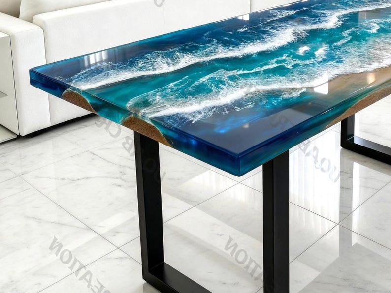 Ocean Wave Epoxy Resin & Natural Wood Dining Table | Handmade Coastal ...