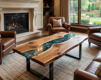 May include: A wooden coffee table with a river-like blue resin inlay filled with stones. The table has a natural wood edge and sits on black metal legs. The room features leather chairs, a fireplace, and a large window.