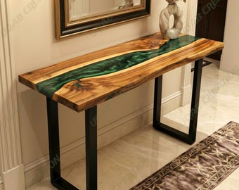 Grün Metallic Epoxidharz Konsolentisch | Naturholz Modern Rustikal