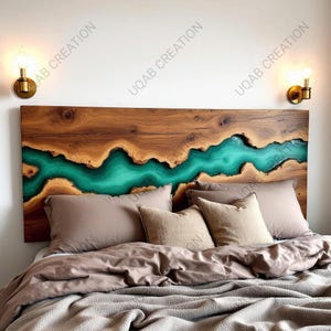 Handmade Queen Bed Headboard: Green Epoxy Resin, Rustic Wood