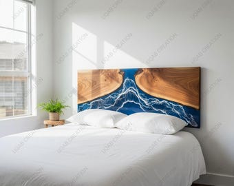 Handcrafted Ocean Waves Blue Resin Wood Headboard: King Size Bed Backboard