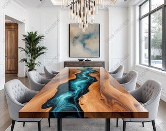 Mesa de comedor de madera hecha a mano con resina epoxi y diseño de río negro, decoración para el hogar