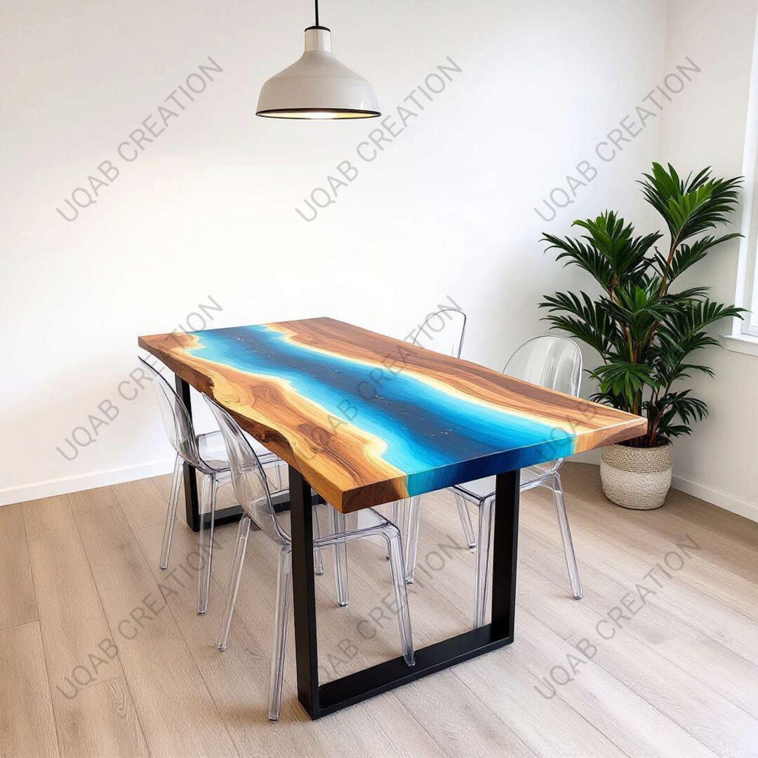 Custom Made Blue Ocean River Epoxy Resin Live Edge Wooden Dining Table ...
