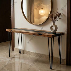 Handcrafted Black Epoxy Resin Slim Console Table | Handmade Narrow Entryway Wood Table