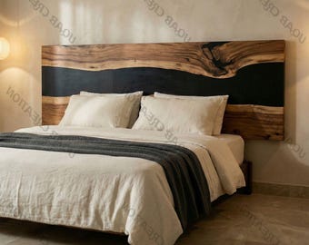 Handmade Wood & Black Epoxy Resin Luxury Bed Headboard | Coastal Bedroom Decor Wall Art