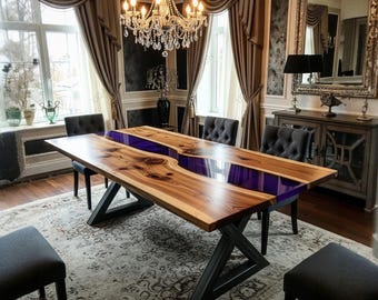 Paarse doorschijnende eettafel van epoxyhars – Handgemaakte massief acaciahouten meubels