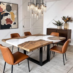 Handmade Solid Wood & White Epoxy Dining Table - Luxury Resin Art