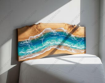 Handmade Live Edge Ocean Wave Blue Epoxy Wood Bed Headboard | Modern Coastal Bedroom Furniture
