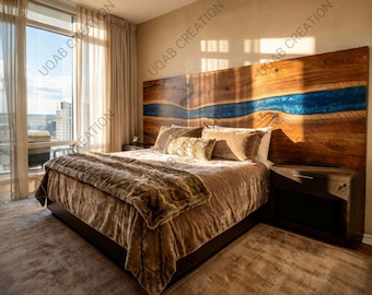 Handmade Blue Metallic Epoxy Resin Wood Bed Headboard Wall Art For Luxury Room