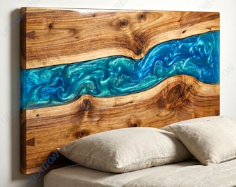 Epoxy Resin King Size Bed Headboard | Metallic Blue Natural Solid Wood