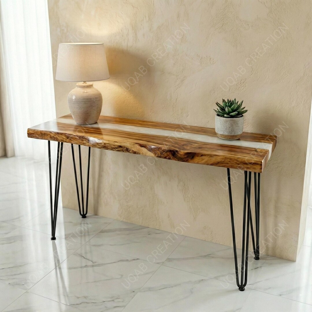 Handcrafted White Epoxy Resin Live Edge Wooden Console Table - Handmade ...