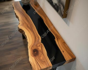 Tavolo da ingresso con consolle in legno massello con bordo vivo e rivestimento in resina epossidica nera, realizzato a mano