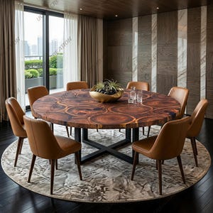 Op de afbeelding: Een grote, ronde eettafel met een uniek houtnerfpatroon, omringd door acht bruine leren stoelen. De tafel wordt ondersteund door een zwarte metalen basis. Een gouden kom met planten staat in het midden. De kamer heeft grote ramen en neutrale muren.